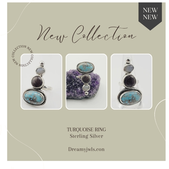 3 STONE RING TURQUOISE, BRONZITE AND MOONSTONE HANDMADE STERLING SILVER METAL 8 - Picture 5 of 5